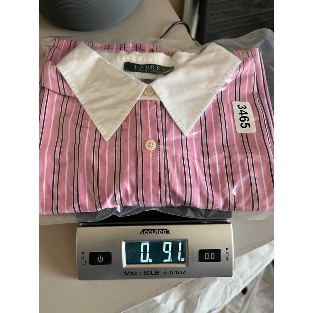 Lauren Ralph Lauren Striped Button Up Contrast Collar Blouse 1X Pink White Work - Picture 10 of 10